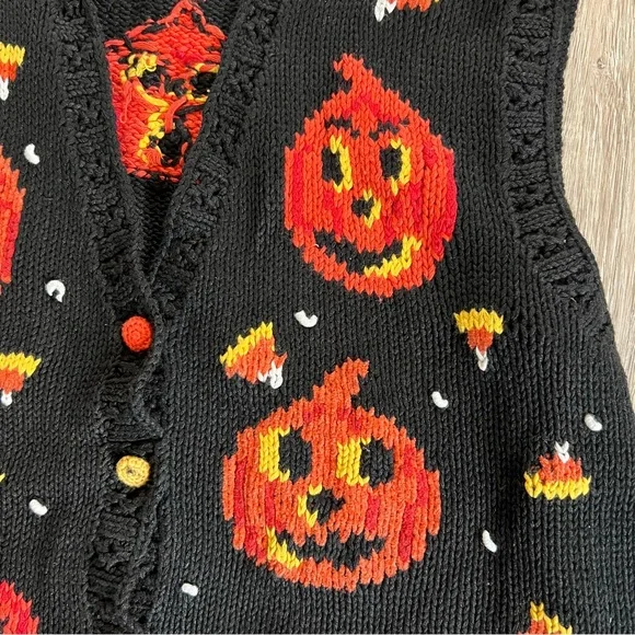 Vintage Halloween Sweater Vest Black Orange Pumpkins - Picture 4 of 13